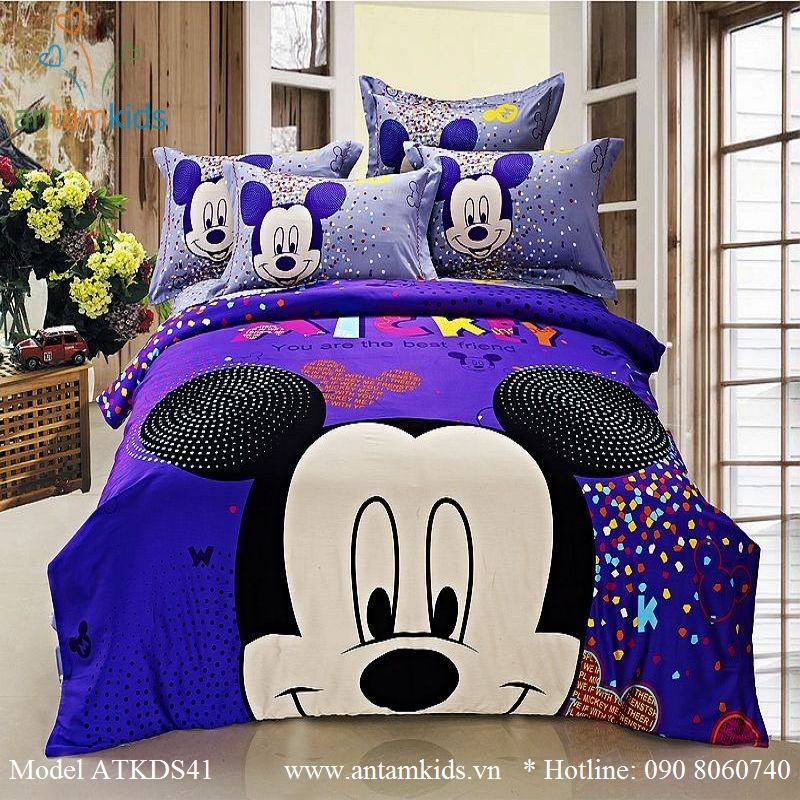 Bộ Mền drap gối cho bé yêu hình Mickey mouse xanh tím cực đẹp
