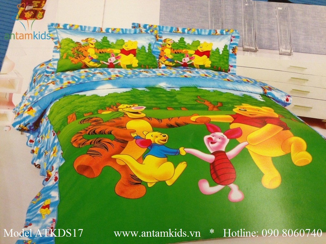 Bộ chăn ga gối hình gấu Pooh ngộ nghĩnh dễ thương cho bé yêu