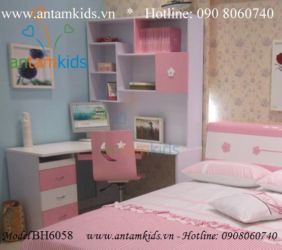 Bàn học cho bé gái màu hồng BH6058 - Bàn học học sinh AnTamKids.vn