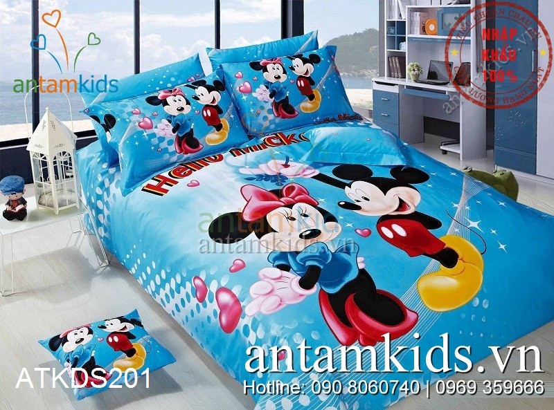 Chăn ga gối Mickey & Minnie dễ thương màu xanh dương cho bé yêu
