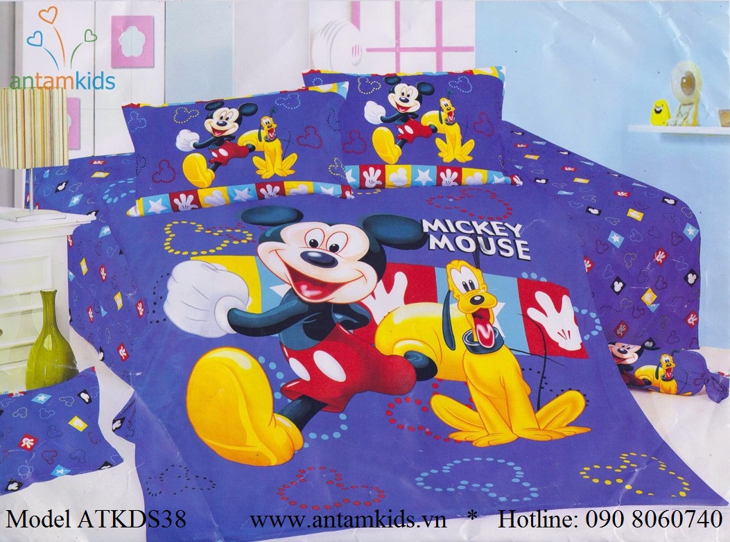 Chăn ga gối Mickey, Bộ drap mền gối hình chuột Mickey màu xanh cực đẹp cho bé yêu