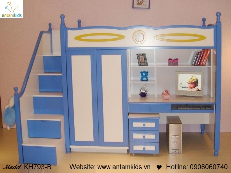 Giường tầng trẻ em KH793-B màu xanh cực đẹp | Noi That Tre Em AnTamKids