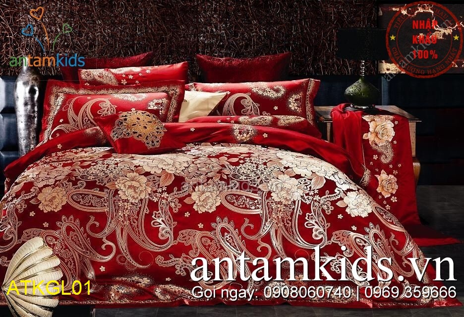 Chăn ga gối gấm lụa cao cấp Đỏ Móc sang trọng ATKGL01 antamkids
