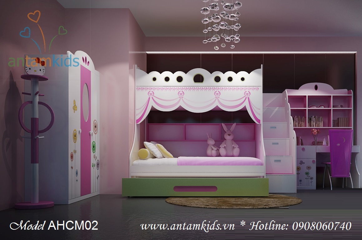 Phong ngu cong chua 3 tang, phòng ngu công chúa màu hồng cho bé gái - AnTamKids.vn