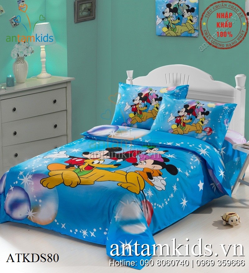 Chăn ga gối đệm Mickey màu xanh siêu xinh dành cho bé trai bé gái