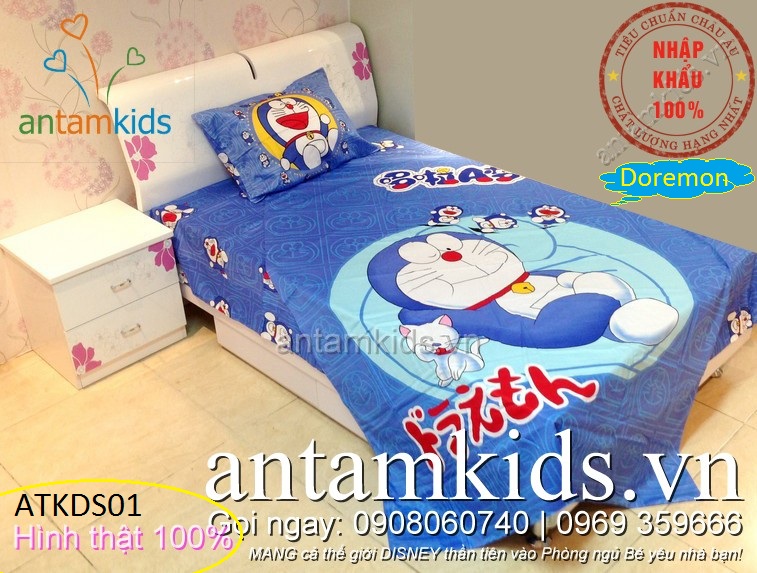 Bộ Chăn ga gối đệm drap trải giường hình Doremon trẻ em, đẹp hơn Sông Hồng
