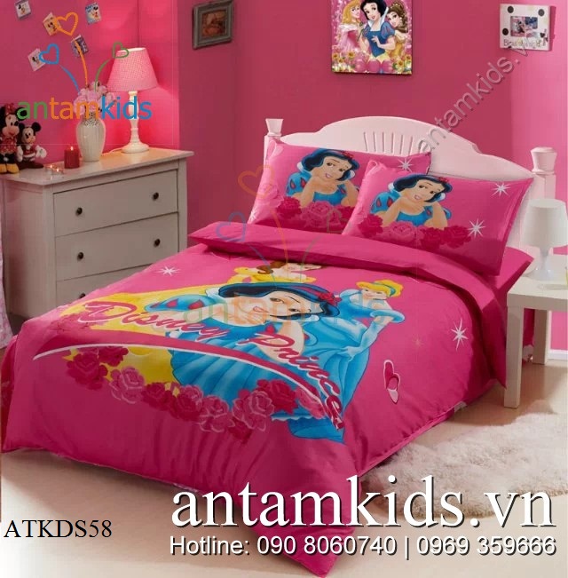 Bộ Chăn ga gối Nàng Bạch Tuyết màu hồng đậm cho bé gái siêu đẹp