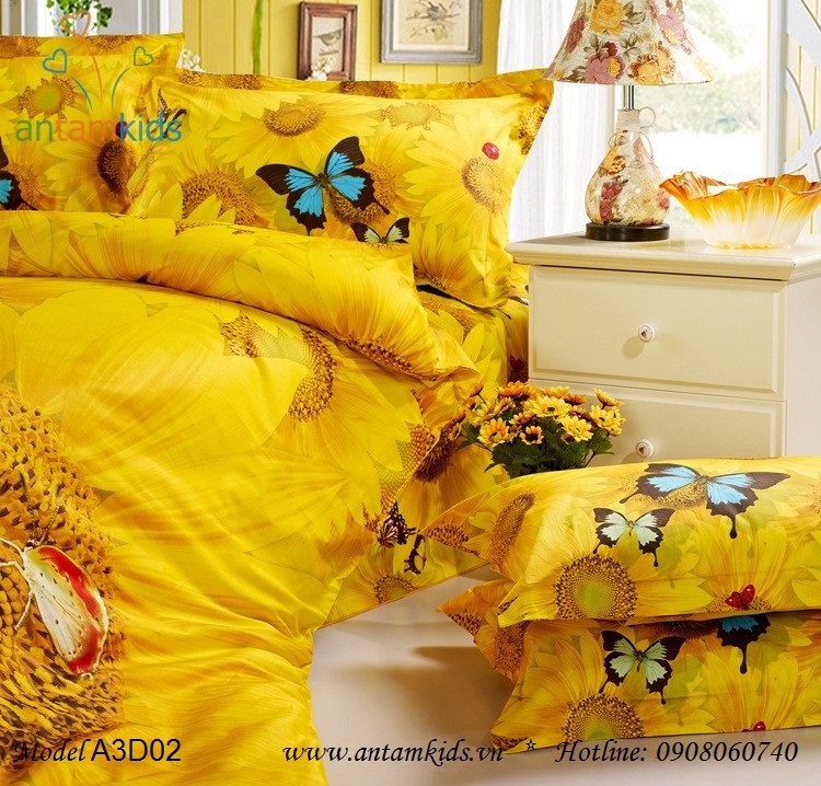 Bộ Mền drap 3D HOA HƯỚNG DƯƠNG bướm bay trong nắng