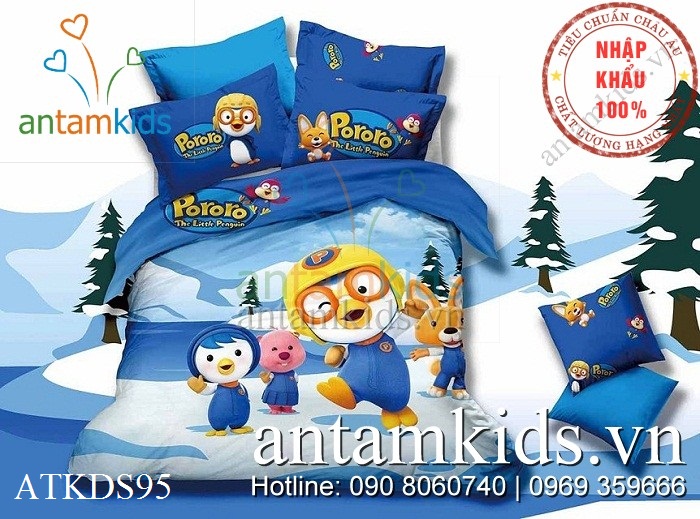 Chăn ga gối Pororo chim cánh cụt 3D hoạt hình Hàn quốc cho bé trai bé gái