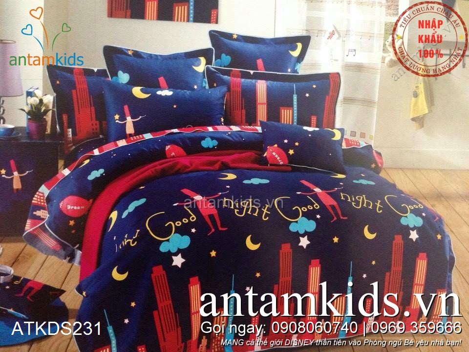 Chăn ga gối Chan ga goi Chúc bé ngủ ngon Good Night Thành phố Trăng Sao ATKDS231