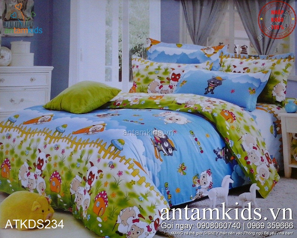 Bộ chăn drap Chú Cừu vui vẻ cực đáng yêu cho bé trai bé gái