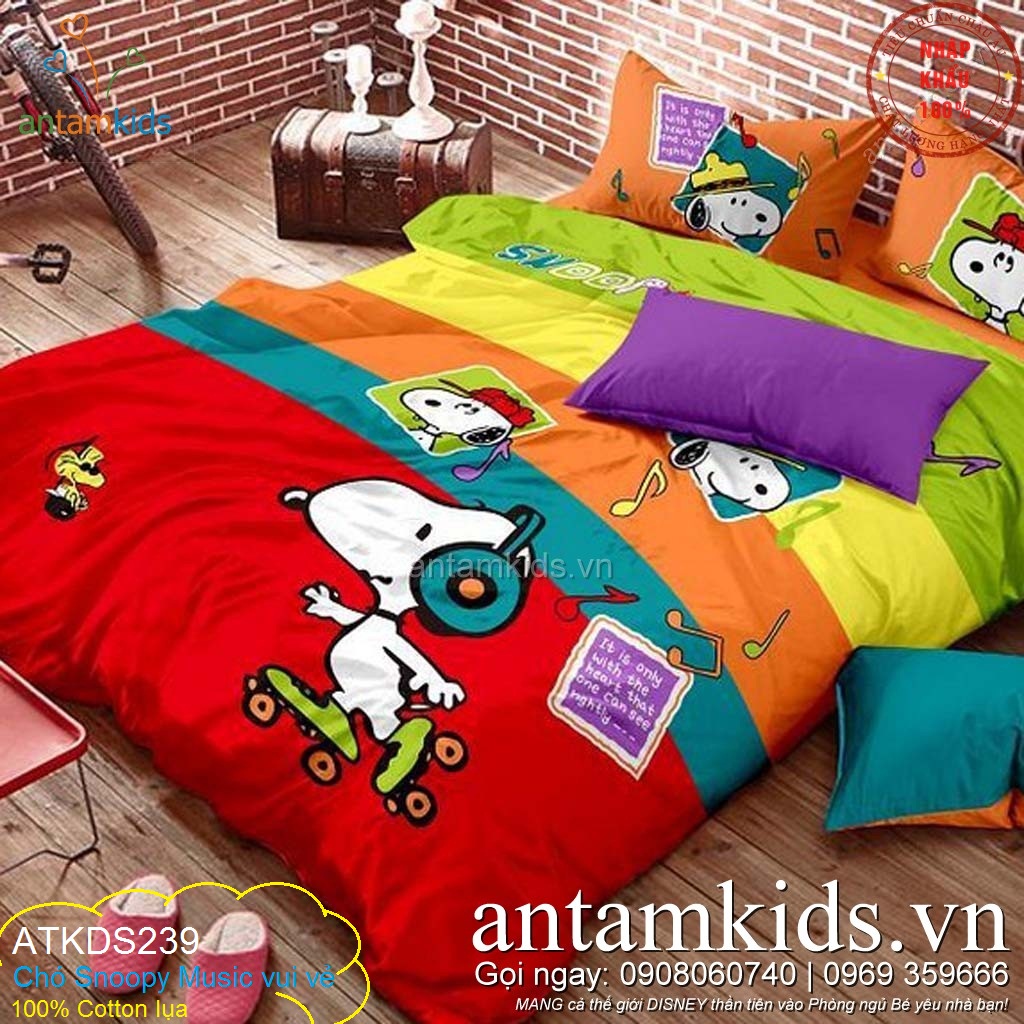 Chăn ga gối Cho bé hình Chó Snoopy Music vui vẻ ATKDS239