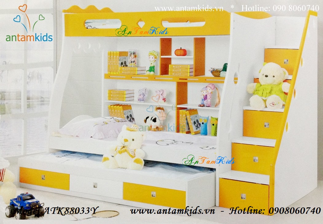 Giường ngủ 3 tầng ATK88033Y màu vàng cho bé đẹp tuyệt - AnTamKids.vn