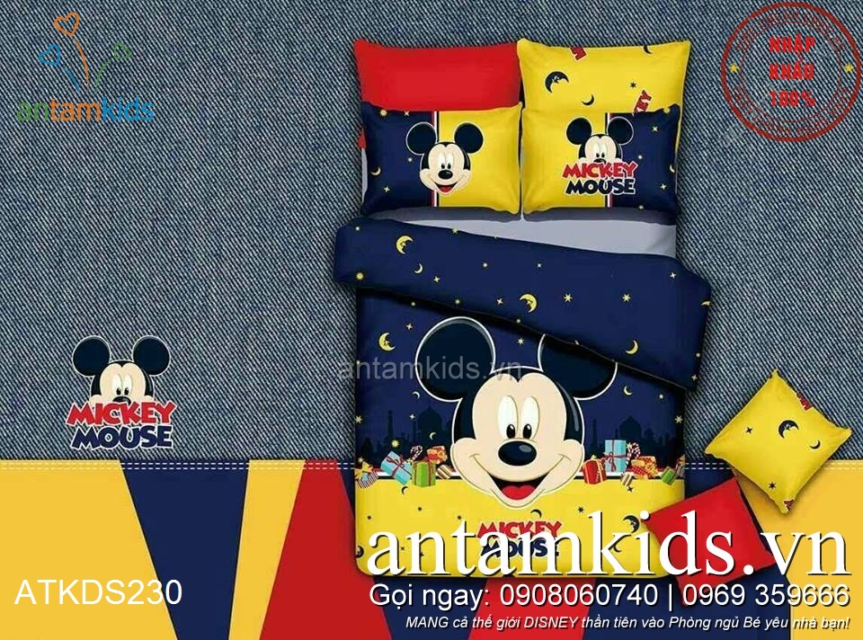 Chăn ga gối Mickey Mouse Trăng sao Xanh Vàng ATKDS230