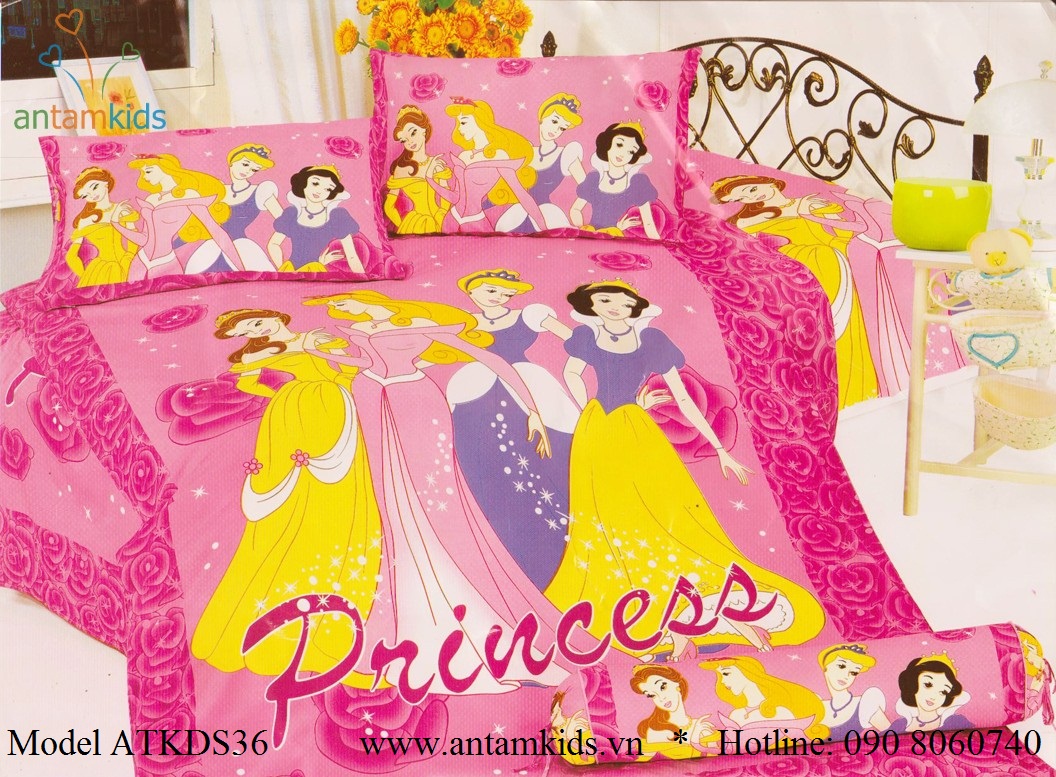 Bộ chăn ga gối cho bé hình 4 nàng Công chúa Princess xinh đẹp màu xanh dịu mát thật đáng yêu, các bé gái mê tít !