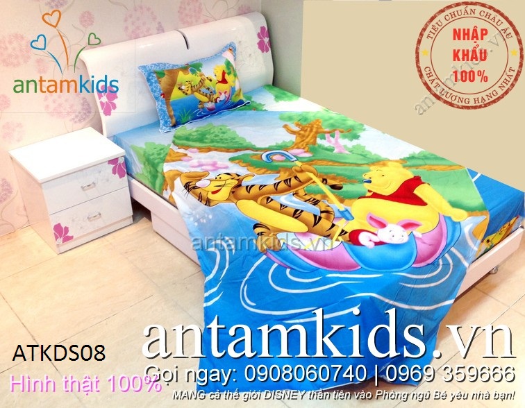 Chăn ga gối hình gấu Pooh & Friends xanh dương cực dễ thương cho bé trai bé gái