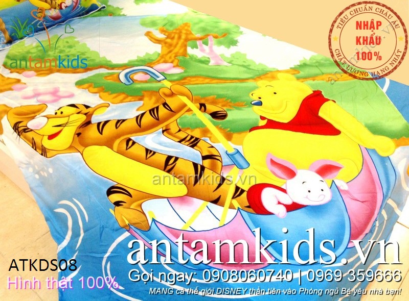 Chăn ga gối cho bé trai bé gái hình gấu Pooh & Friends xanh dương cực dễ thương