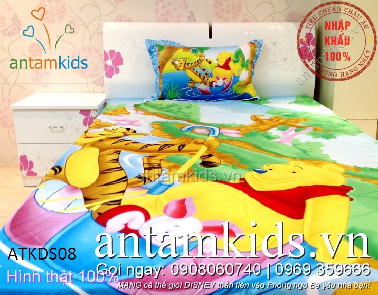 Chăn ga gối trẻ em hình gấu Pooh & Friends xanh dương cực dễ thương