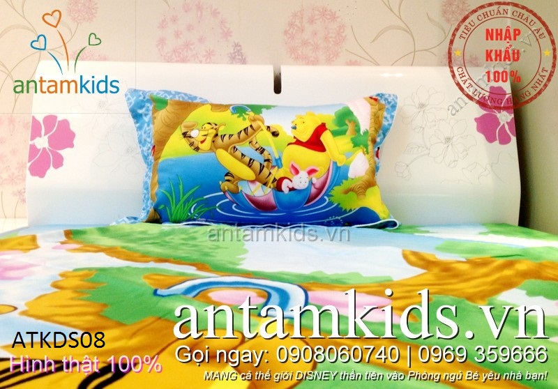 Bộ Chăn ga gối Hollywood hình gấu Pooh & Friends xanh dương cực dễ thương