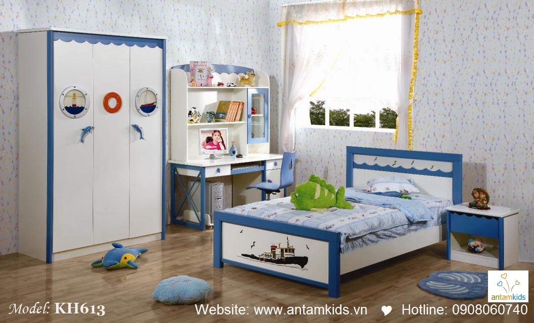 Tủ áo trẻ em 3 cánh KH616 màu xanh rất xinh xắn đáng yêu phù hợp cho bé trai - Noi that tre em AnTamKids