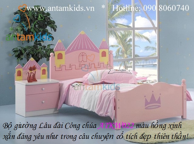 Phòng ngủ Lâu đài Công chúa ATKW022 màu hồng xinh xắn đáng yêu như trong câu chuyện cổ tích, đẹp thiên thần, antamkids.vn