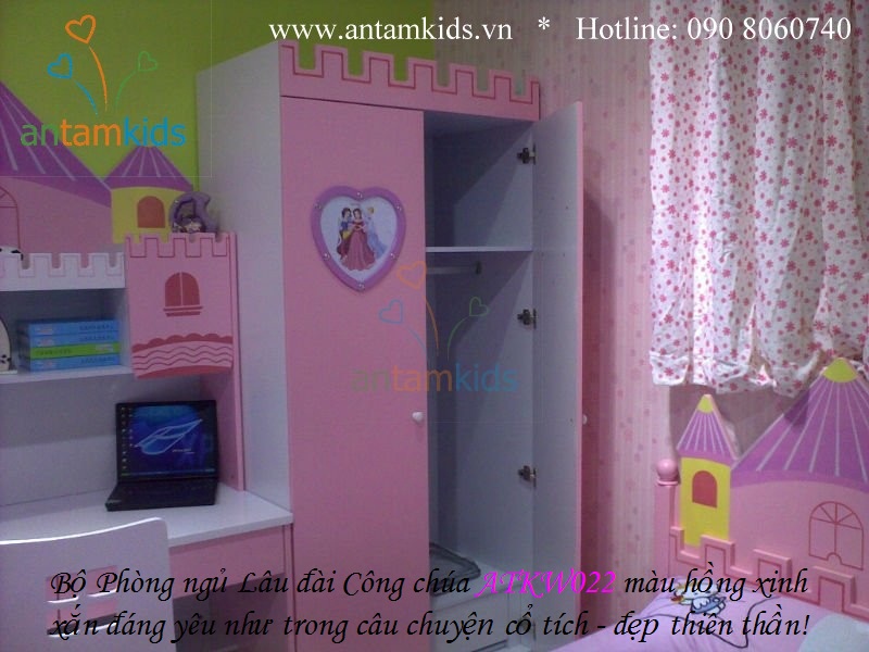 Phòng ngủ Lâu đài Công chúa ATKW022 màu hồng xinh xắn đáng yêu như trong câu chuyện cổ tích, đẹp thiên thần, antamkids.vn