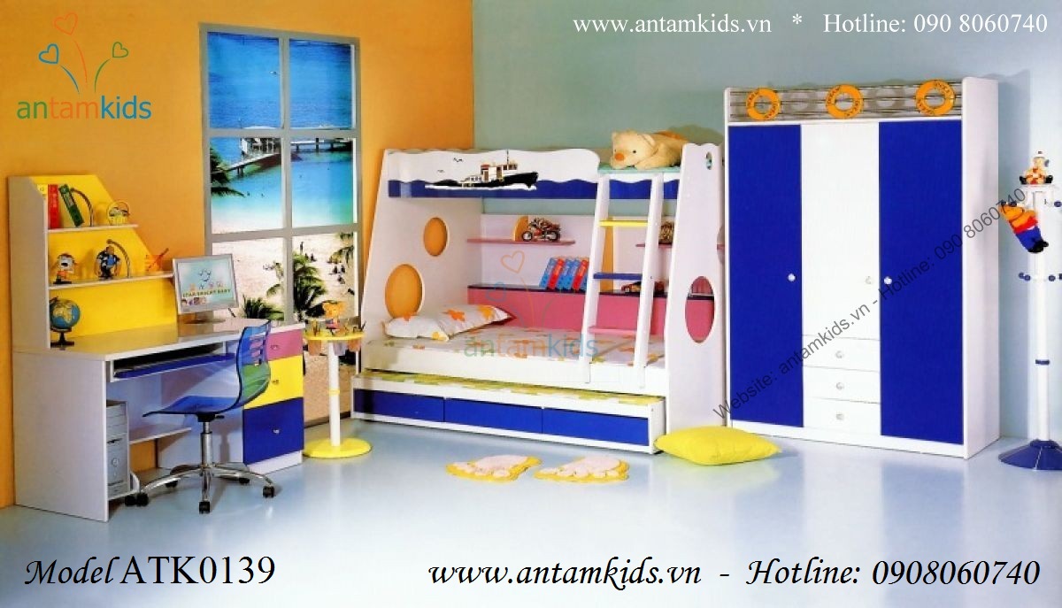 Giường ba tầng tàu thủy ATK0139 rất cá tính đáng yêu!