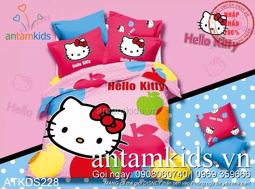 Chăn ga gối Hello Kitty Chấm bi Táo đa sắc màu cực đáng yêu - antamkidsvn