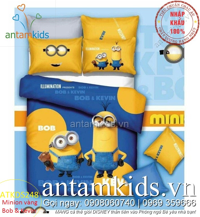 Chăn ga gối Minion Bob Kevin ngộ nghĩnh cho trẻ em tphcm, Hà Nội, Chăn ga gối minion cho bé trai bé gái, chăn ga gối hình minion ngộ nghĩnh, chăn ga gối đệm minion đẹp, ga giường minion dễ thương, chăn ga gối đệm hoạt hình minion, drap trải giường minion, gối ôm minion, chăn ga minion, chăn gối drap mền minion cao cấp nhập khẩu tuyệt đẹp