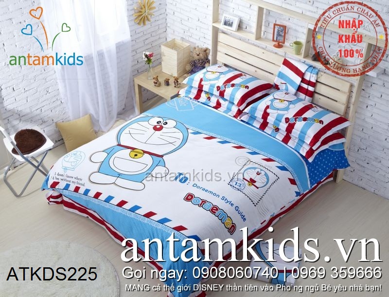 Chăn ga gối Doremon lá thư dễ thương màu xanh dương cho bé trai bé gái