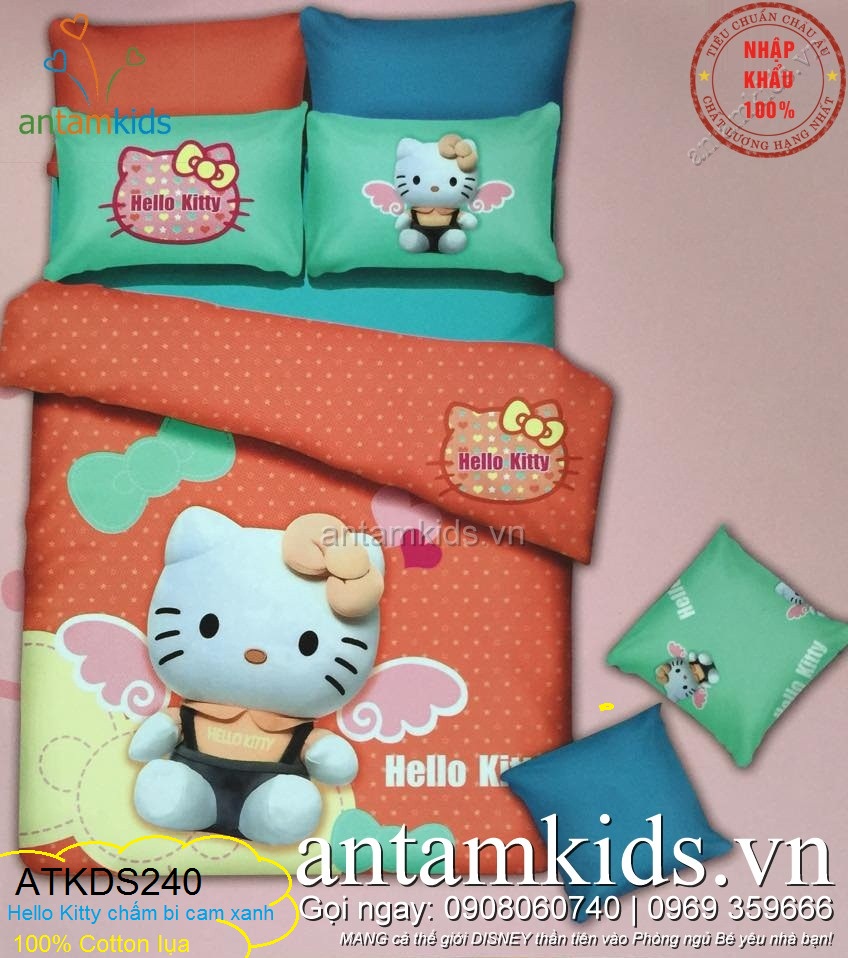 Chăn ga gối Hello Kitty chấm bi cam xanh cực yêu cho bé gái