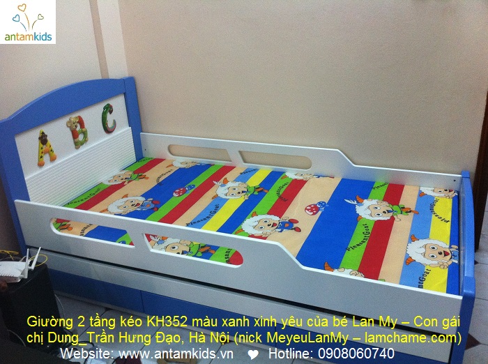 Giường 2 tầng kéo KH352 màu xanh xinh yêu của bé Lan My – Giuong tre em AnTamKids 