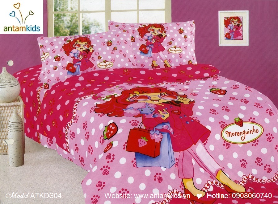 Bộ chăn ga gối hoạt hình trẻ em cho bé trai bé gái, cô bé dâu tây màu đỏ hồng  | AnTamKids.vn