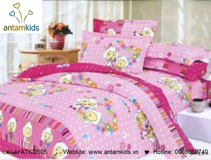 Bộ chăn ga gối hoạt hình trẻ em cho bé trai bé gái, chú cữu vui vẻ màu hồng | AnTamKids.vn