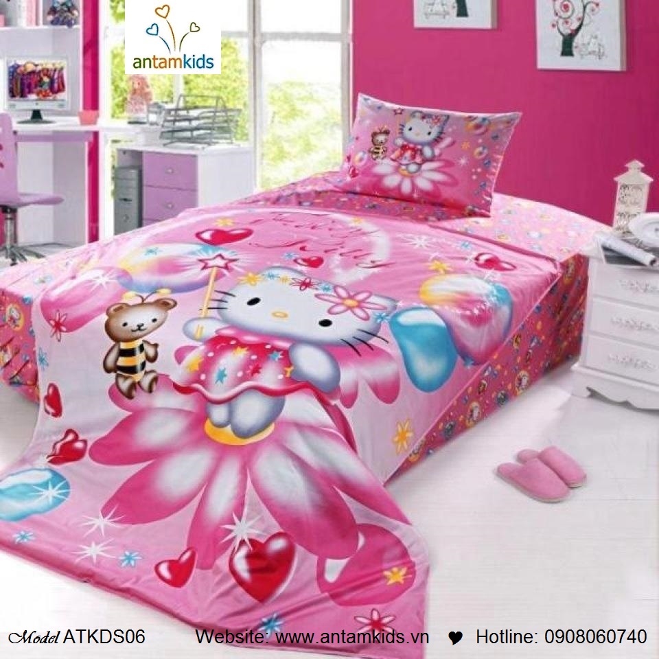 Chăn ga gối hoạt hình, Chăn ga gối trẻ em Hello Kitty màu hồng cho bé gái