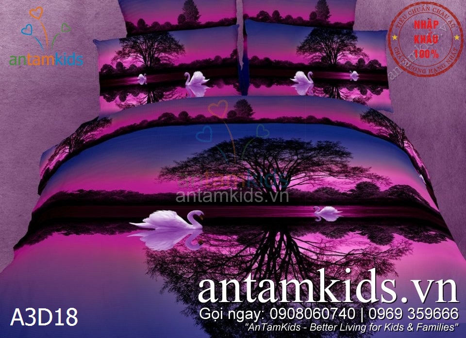 Bộ Chăn ga gối 3D The Swan Lake Hồ Thiên nga tím lãng mạn A3D18