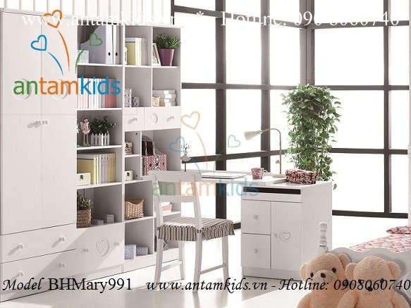 Bàn học góc giá sách BH Mary 991 màu trắng rất xinh xắn đáng yêu của hãng Tomy Niki cao cấp