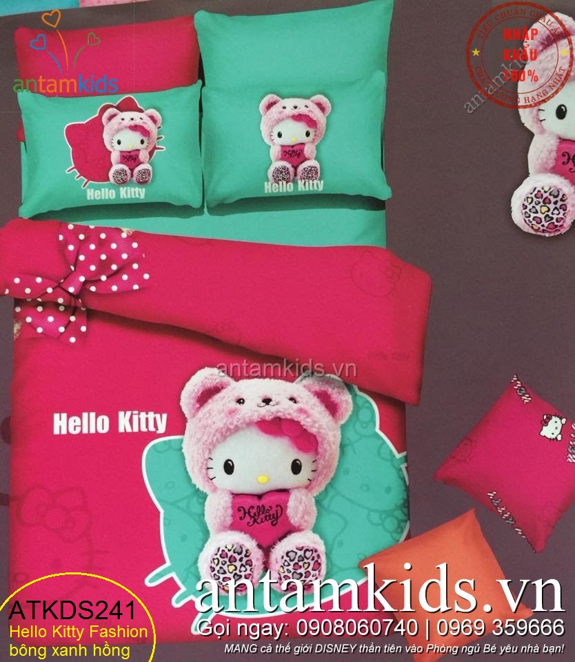 Chăn ga gối Hello Kitty xanh hồng nhập khẩu siêu dễ thương cho bé