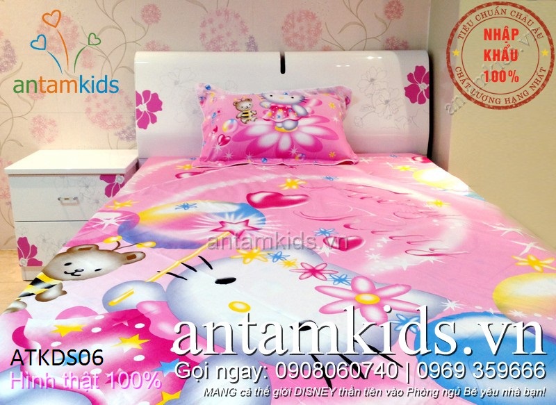 Chăn ga gối Hello Kitty màu hồng cho be trai be gai antamkids.vn