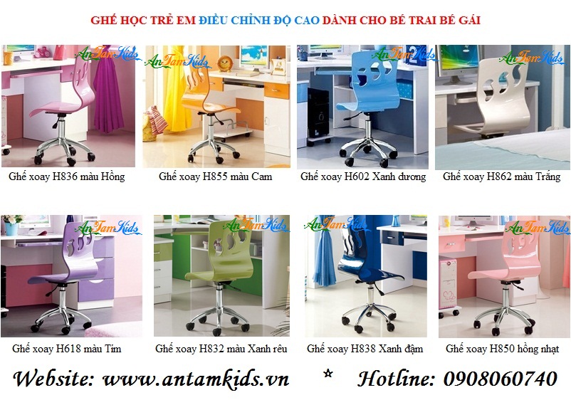 Ghế xoay GH836 màu Hồng, Cam, Xanh dương, Trắng, Tím, Xanh rêu, xanh đậm - AnTamKids