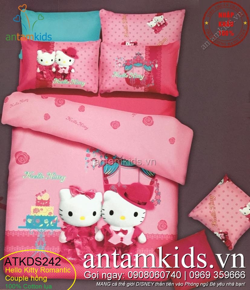 Chăn ga gối in hình Hello Kitty màu hồng vô cùng đáng yêu cho bé gái