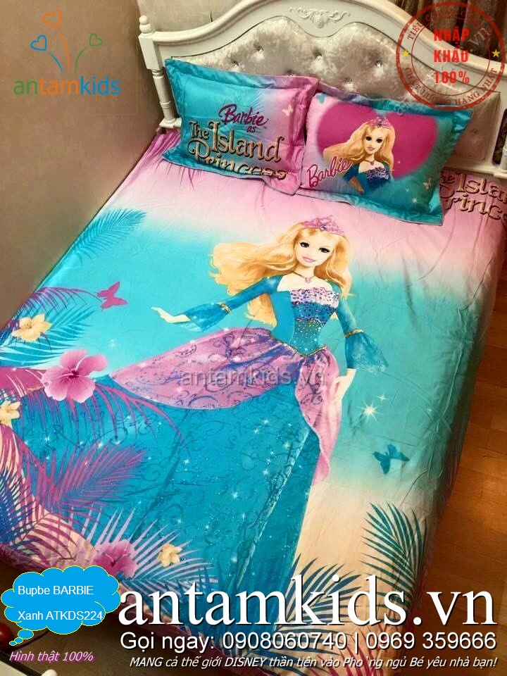 Chăn ga gối Barbie Princess xanh hồng duyên dáng đáng yêu cho bé gái