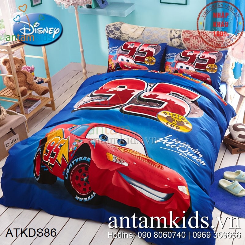 Bộ Chăn ga gối Drap mền cho trẻ em in hình ô tô McQueen 3D siêu sành điệu