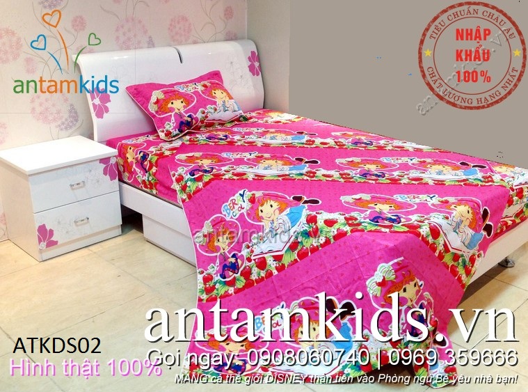 Chăn ga gối hoạt hình công chúa màu hồng cho bé gái - antamkids.vn