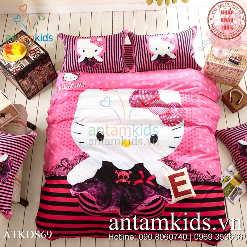 Chăn ga gối đệm Hello Kitty 3D hồng xinh cho bé gái , chăn ga gối Hello Kitty