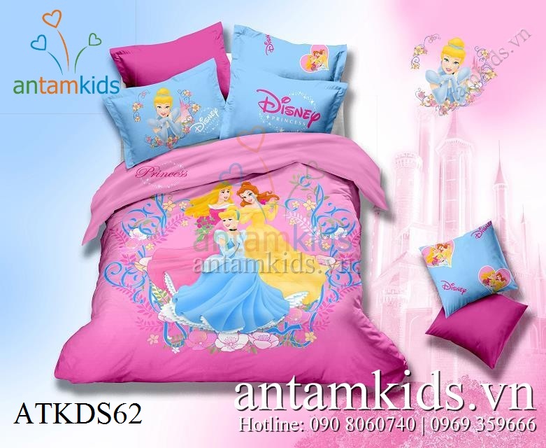 Bộ chăn drap gối 3 nàng Công chúa Disney 5D cực xinh đẹp cho bé gái