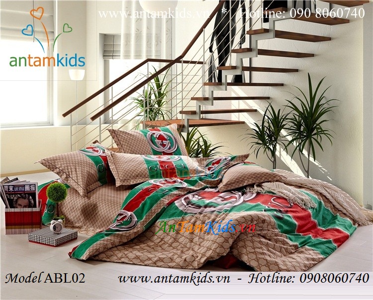 Chăn ga gối thương hiệu hàng hiệu Gucci màu xanh phong cách ABL02