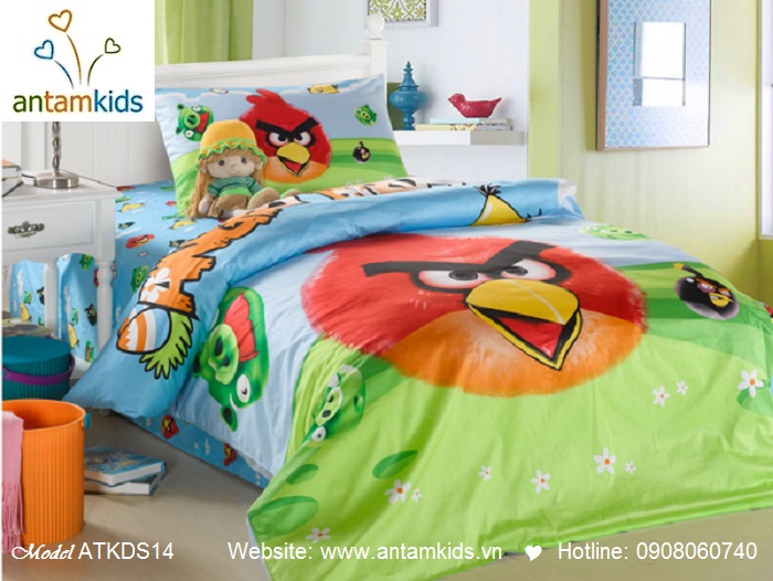 Bộ chăn ga gối Angry Bird thật xinh xắn, Chăn ga gối hoạt hình cho bé trai bé gái