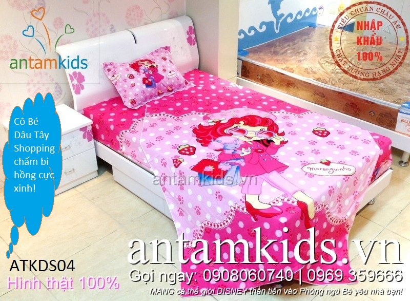 Bộ chăn ga Cô bé Dâu tây Shopping chấm bi hồng cá tính sành điệu cho bé gái ATKDS04
