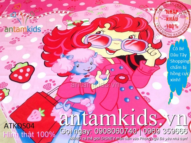 Chăn ga gối hình Công chúa Dâu tây hồng xinh cho bé gái cotton cao cấp tuyệt đẹp